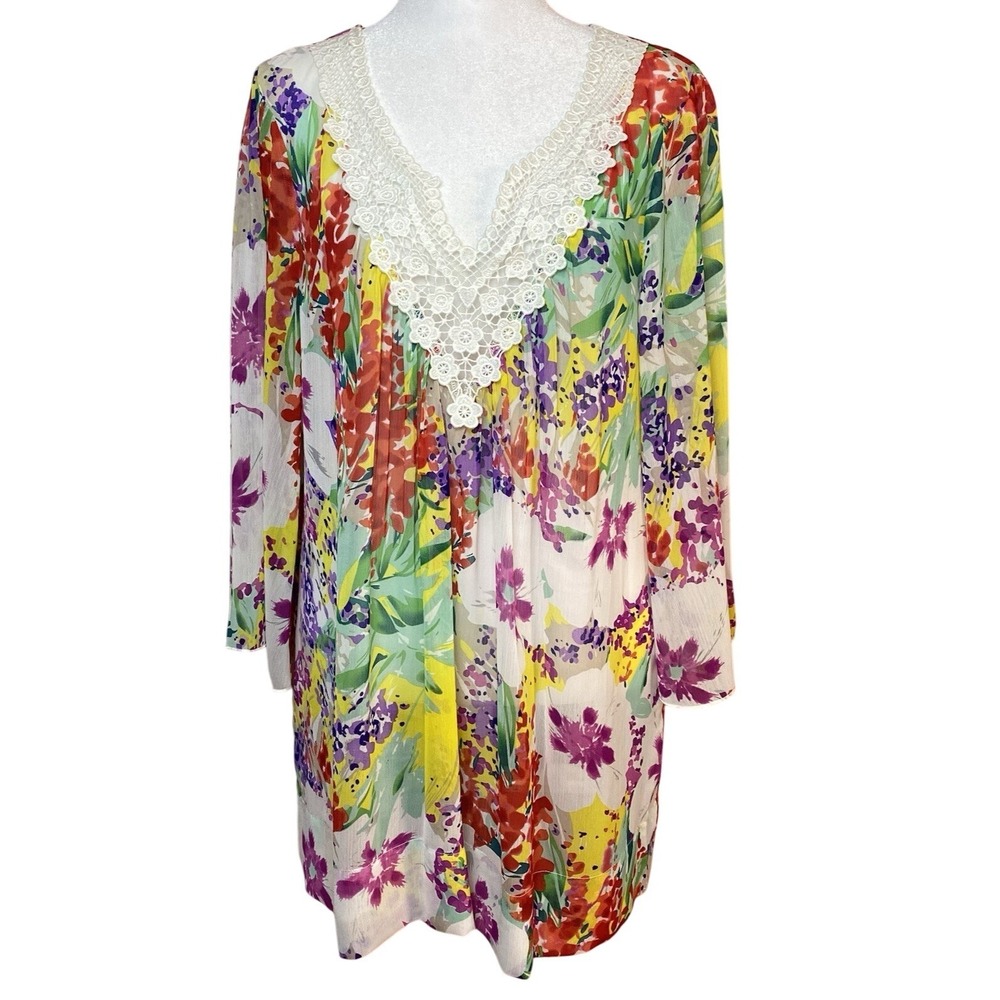 Mushka Sienna Rose Sheer Lace Floral Lizabeta Tunic Top Angel Sleeve Size Large